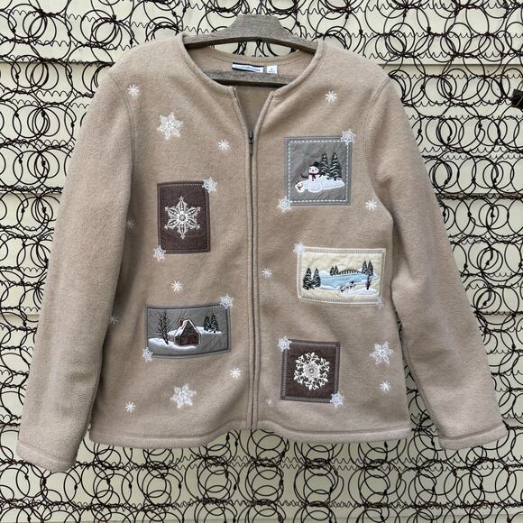 Vintage Sweaters - 90s Croft & Barrow Tan Fleece Cabincore Applique Embroidery Fleece Cardigan MED